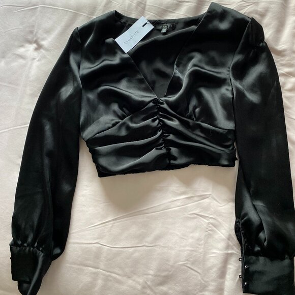 Black Satin Cropped Long-Sleeve Blouse by Dynamite NWT Size XS - Picture 1 of 3
